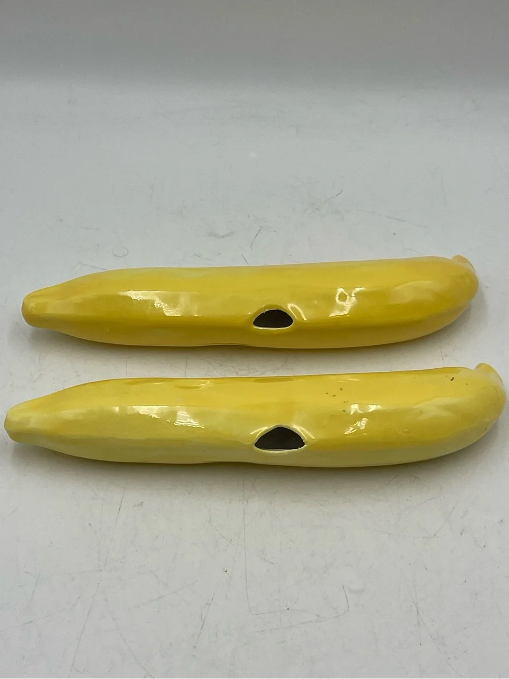 Mid Century Modern Murano Style Handblown Art Glass: 2 Faux Fruit Yellow Bananas